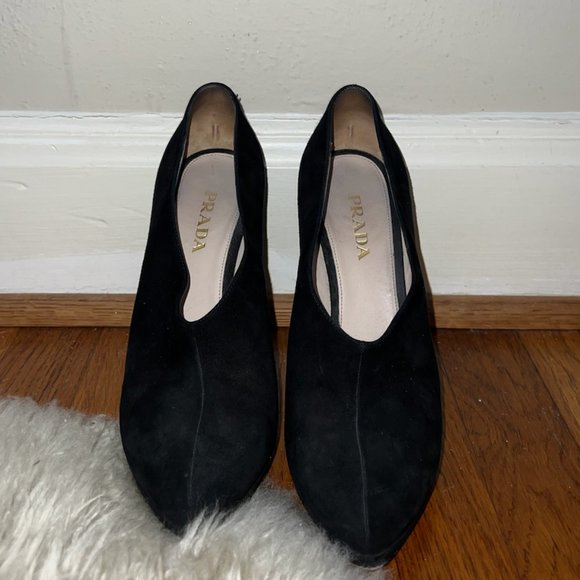 PRADA Black Suede Heeled Booties 38.5 (8.5 US) Made in Italy - Picture 1 of 3